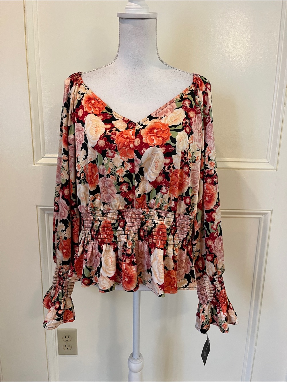 Floral V-Neck Smocked Waist Blouse - Pink/Coral Floral